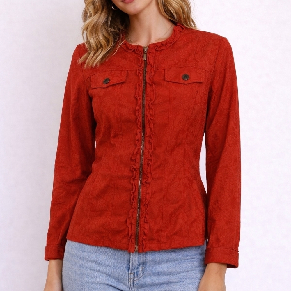 CHICO'S Coral Red Floral Tapestry Steampunk Ruffle Holiday Zipper Shacket